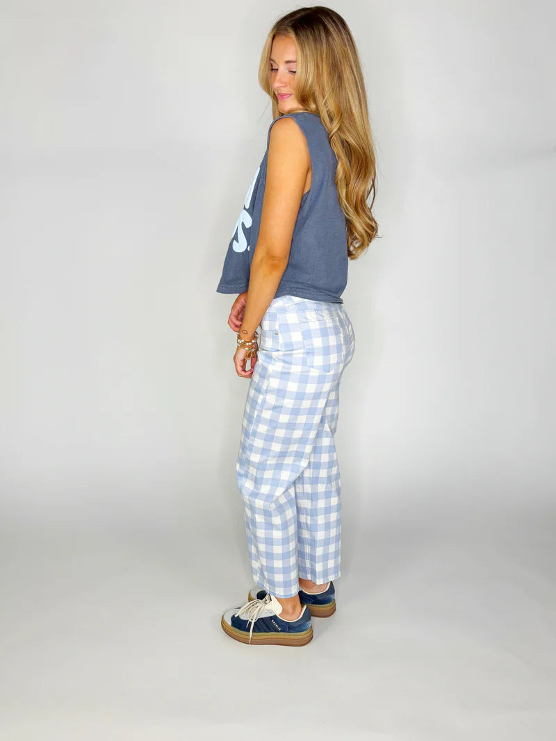 BLUE GINGHAM BARREL PANTS