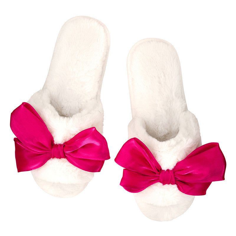 PLUSH SATIN BOW SLIPPERS - IVORY AND HOT PINK BOW - Pharm Favorites by Economy Pharmacy