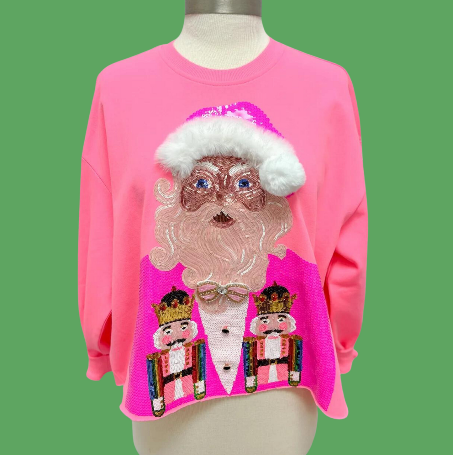 QUEEN OF SPARKLES NEON PINK SANTA SWEATSHIRT WITH NUTCRACKER