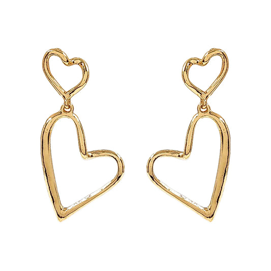 Double Open Heart Gold Post 2.5" Earrings