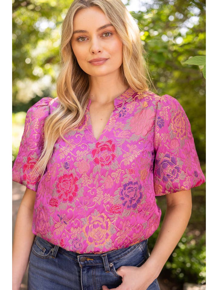 MAUVE SHORT BUBBLE SLEEVE FLORAL JACQUARD TOP