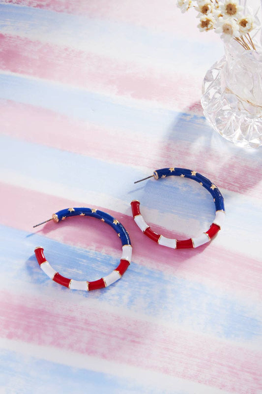 Round Shaped American Flag Enamel Hoop Earrings