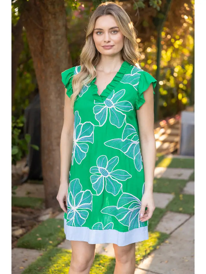 GREEN RUFFLED VNECK LARGE FLORAL EMBROIDERED SHIFT DRESS
