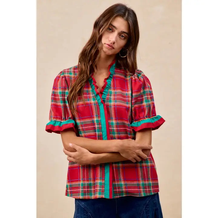 CHRISTMAS PLAID WOVEN CONTRAST RUFFLED EDGE PUFF SLEEVES BLOUSE