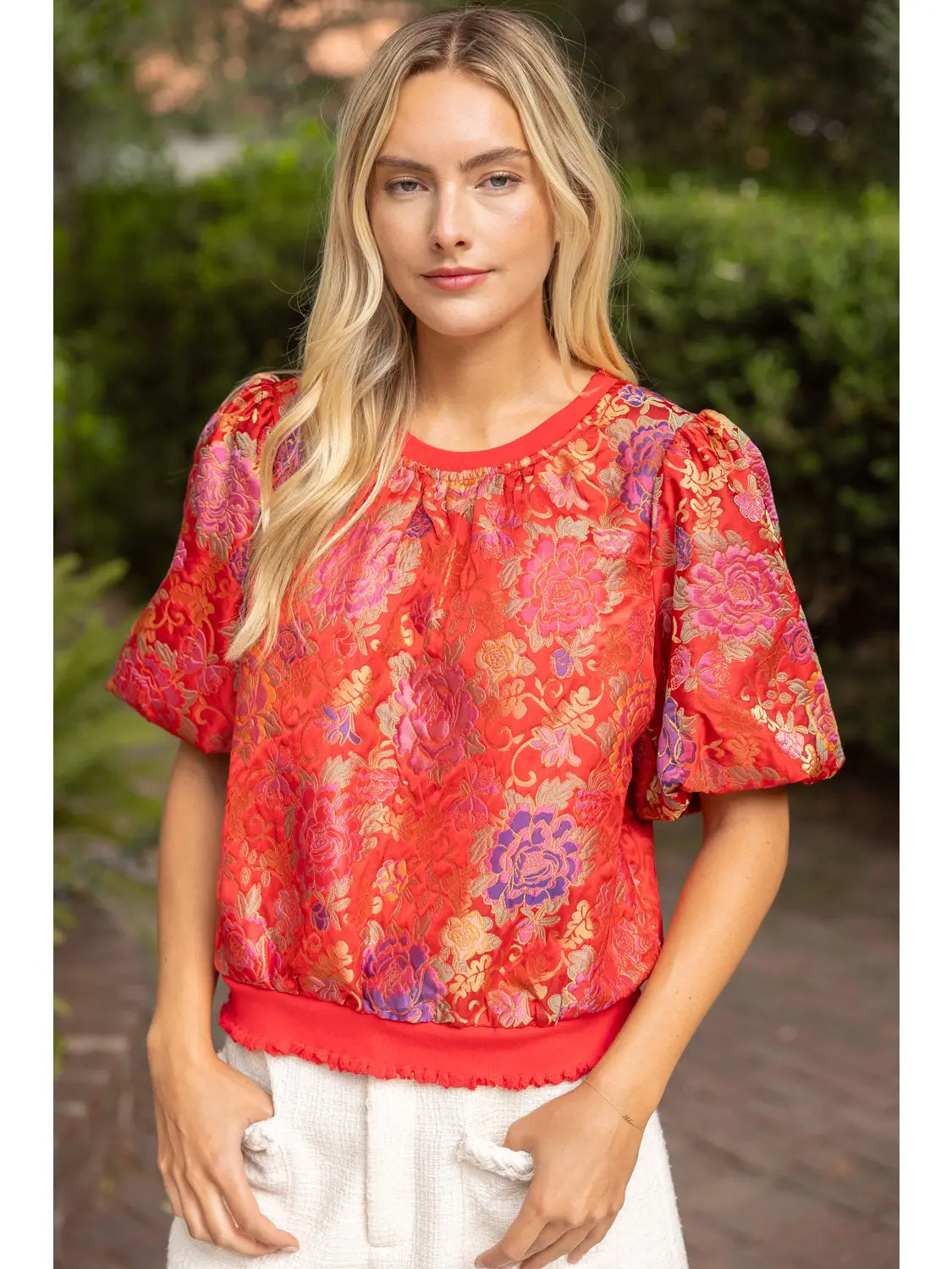 RED RIBBED KNIT BAND DETAIL FLORAL JACQUARD TOP