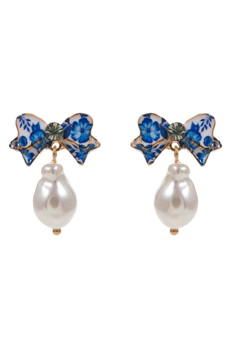 Flower Enamel Bow W Organic Pearl Post Earrings