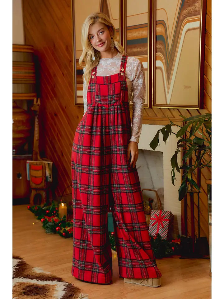 CHRISTMAS CLASSIC RED TARTAN PLAID RELAXED FIT OVERALLS