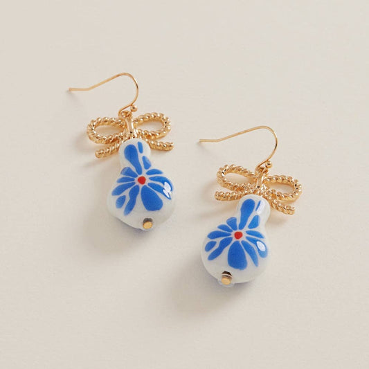 Strawberry Ceramic Bead W Metal Bow Hook Earrings