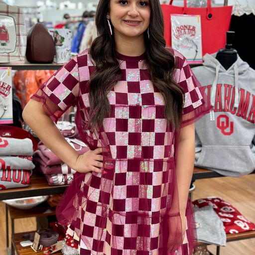 Maroon/White Mesh Overlay Checkered Tee Dress