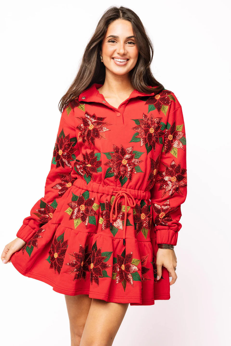 RED POINSETTIA BUTTON UP MOCK NECK TIE SWEATSHIRT DRESS XXL