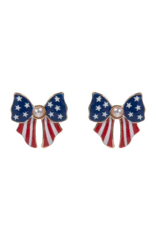 Bow Enamel American Flag Pattern Post Earrings