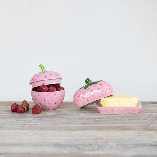 HAND-PAINTED CERAMIC STRAWBERRY BUTTER DISH