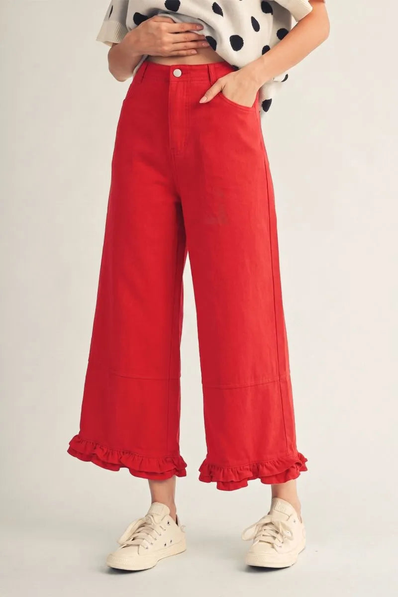 RED WIDE LEG PANTS WITH RUFFLES