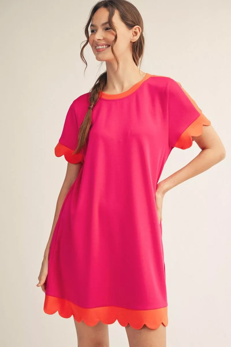 SHORT SLEEVE DRESS WITH SCALLOPED DETAIL - PINK/ORANGE