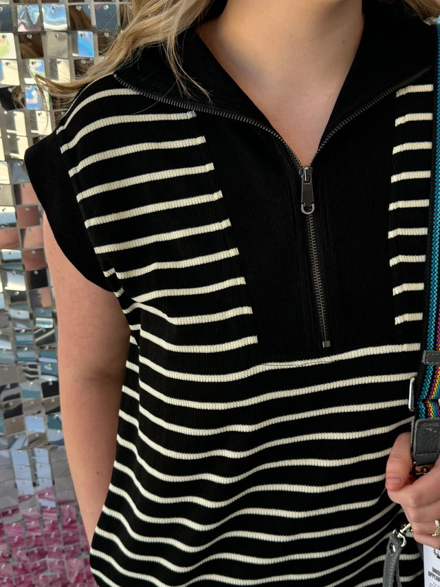 Black Knit Half-Zip Dress with Cream Striping - Pharm Favorites by Economy Pharmacy