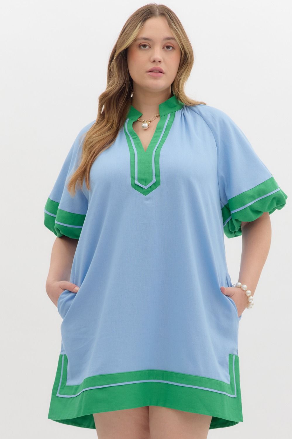 BLUE DRESS W/GREEN CONTRAST ACCENTS AND LANTERN SLEEVES