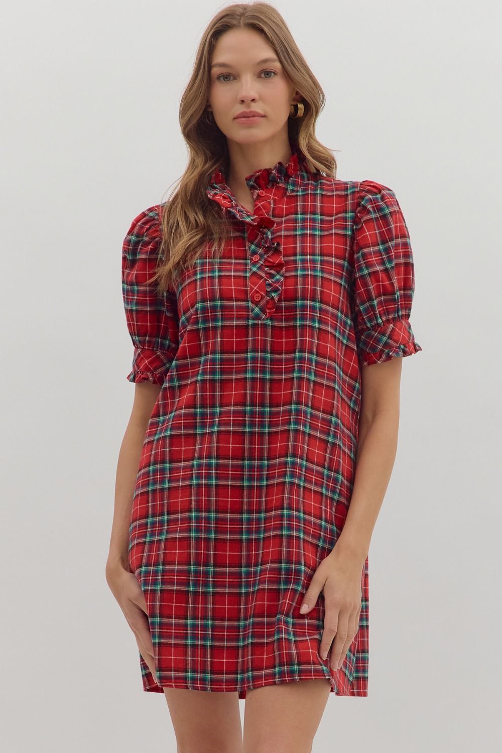 RED PLAID SHORT PUFF SLEEVE MINI DRESS