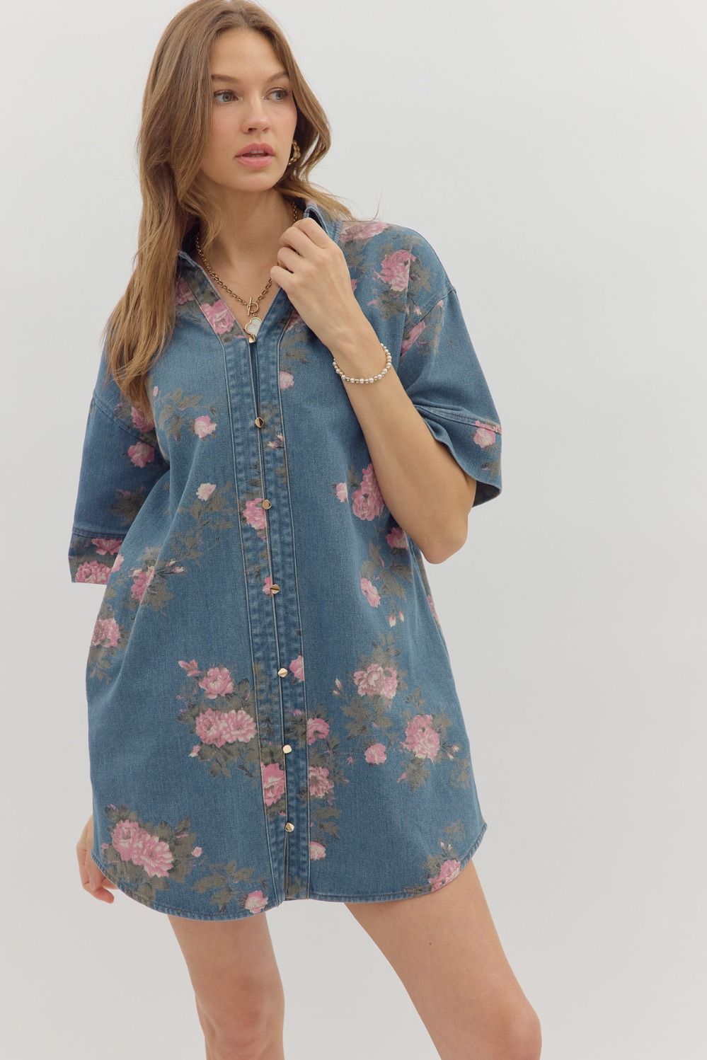 DENIM SHIRT DRESS WITH PINK FLOWERS M DENIM SHIRT DRESS WITH PINK FLOWERS M