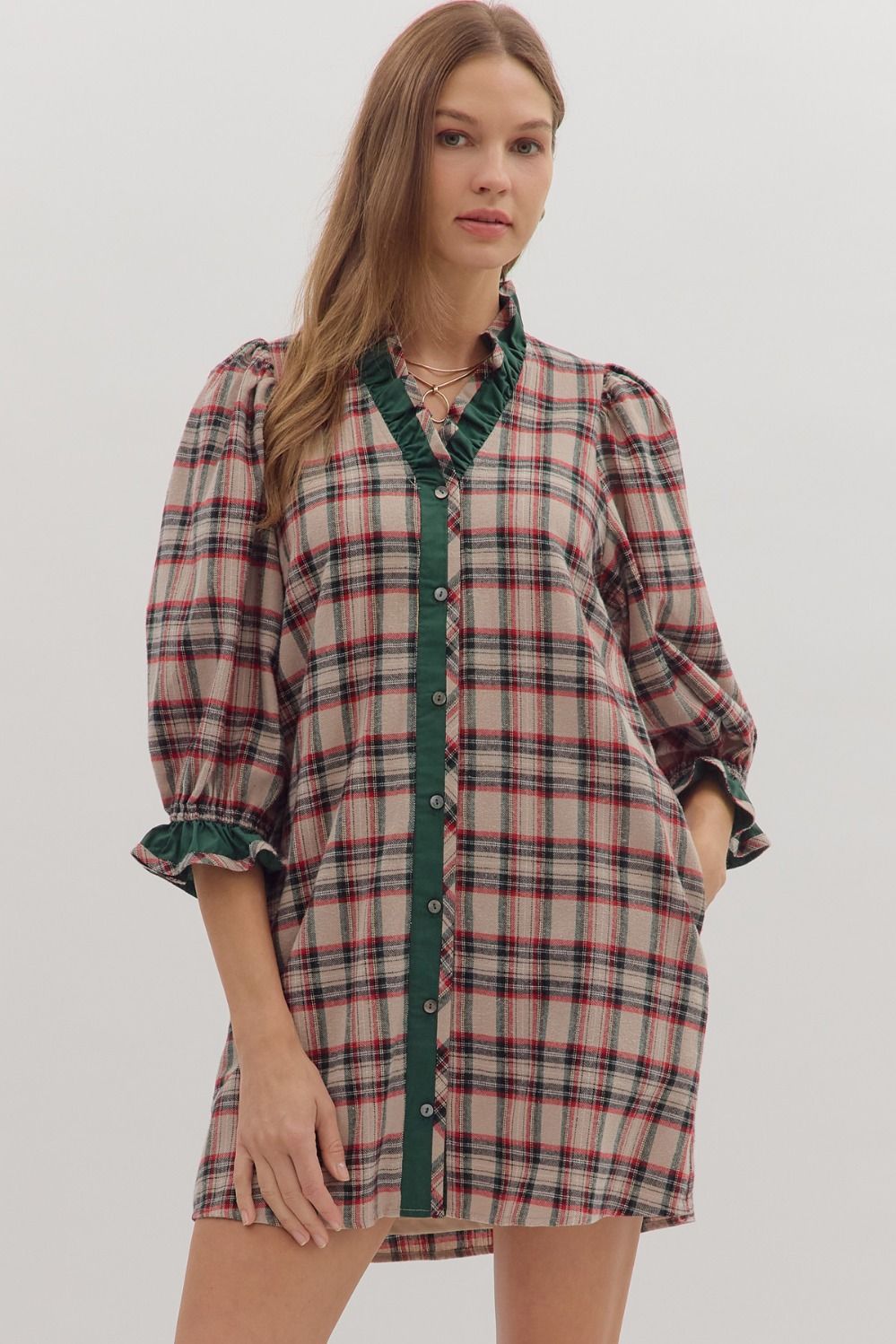 TAUPE PLAID MINI DRESS WITH GREEN CONTRAST TRIM TAUPE PLAID MINI DRESS WITH GREEN CONTRAST TRIM