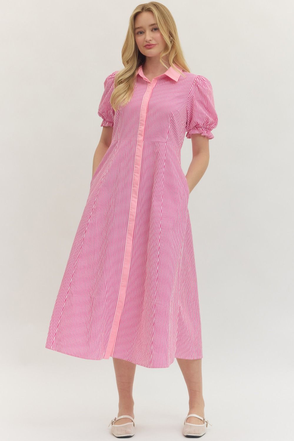 PINK STRIPE PRINT PUFF SLEEVE MIDI DRESS - Pharm Favorites by Economy Pharmacy