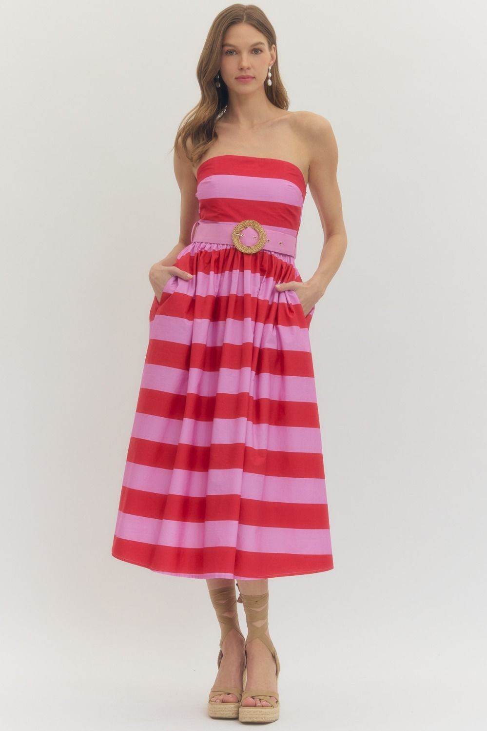 RED & PINK STRIPED STRAPLESS DRESS WITH BELT