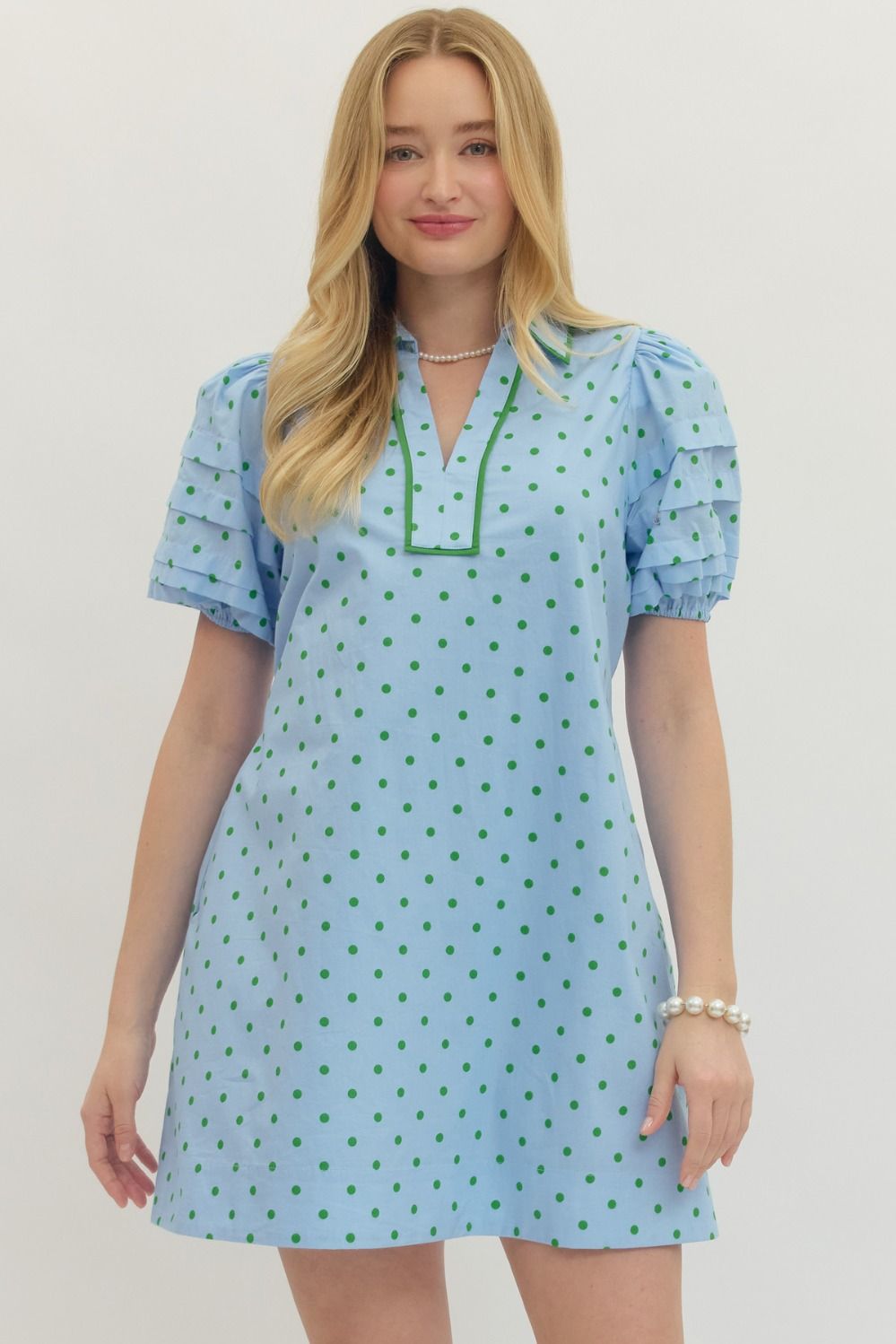 BLUE WITH GREEN POLKA DOT PUFF SLEEVE MINI DRESS - Pharm Favorites by Economy Pharmacy