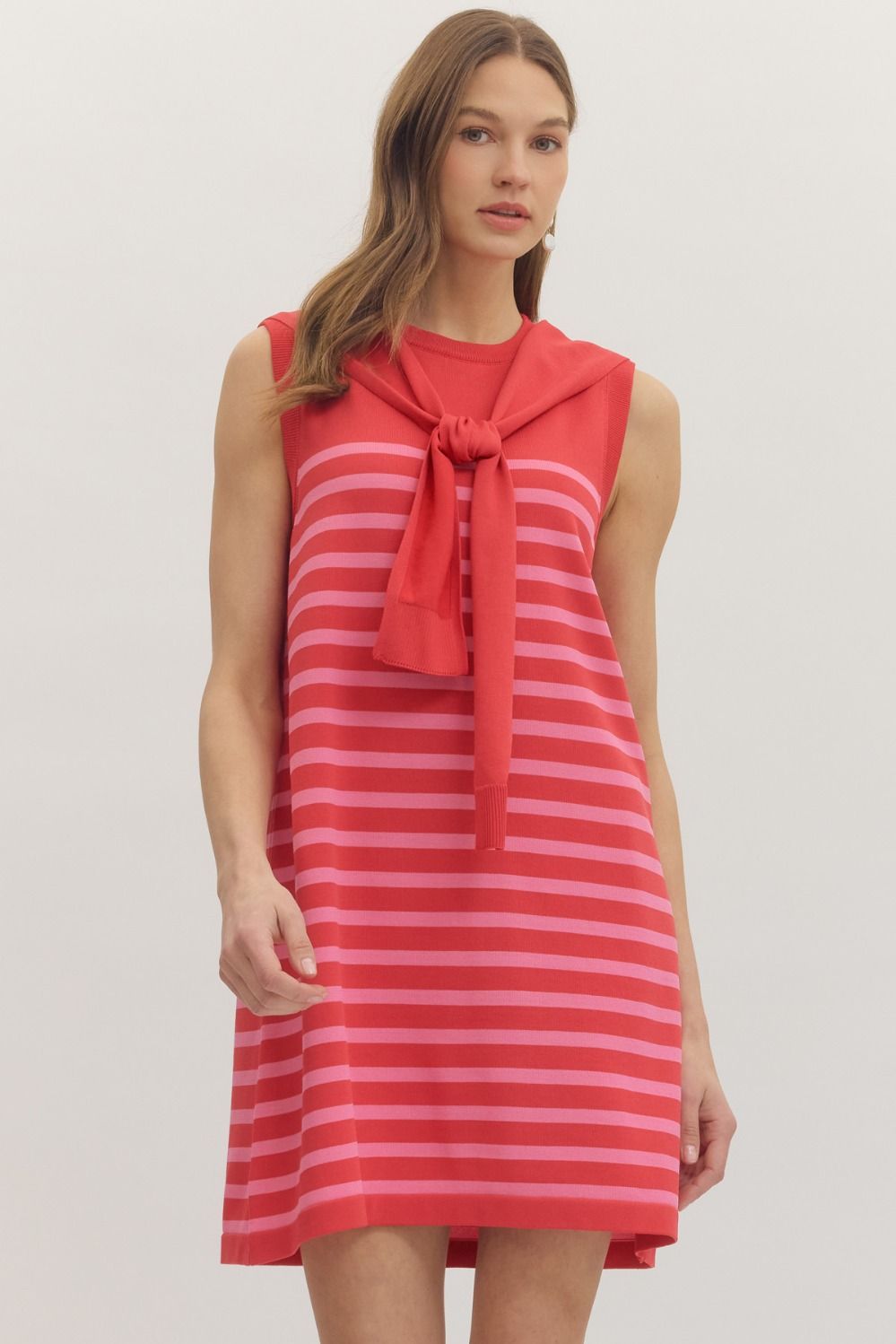 RED STRIPED SLEEVELESS MINI DRESS W/MOCK SWEATER TIED AT NECKLINE S