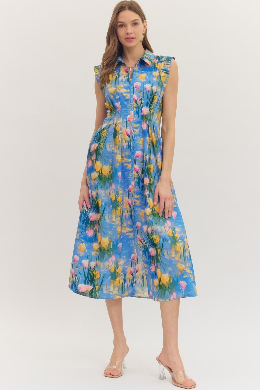 BLUE WATERCOLOR MIDI DRESS WITH ZIP CLOSURE