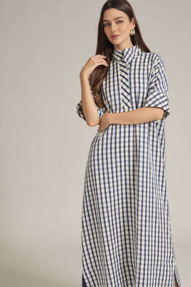GINGHAM SHORT SLEEVE MIDI DRESS - NAVY