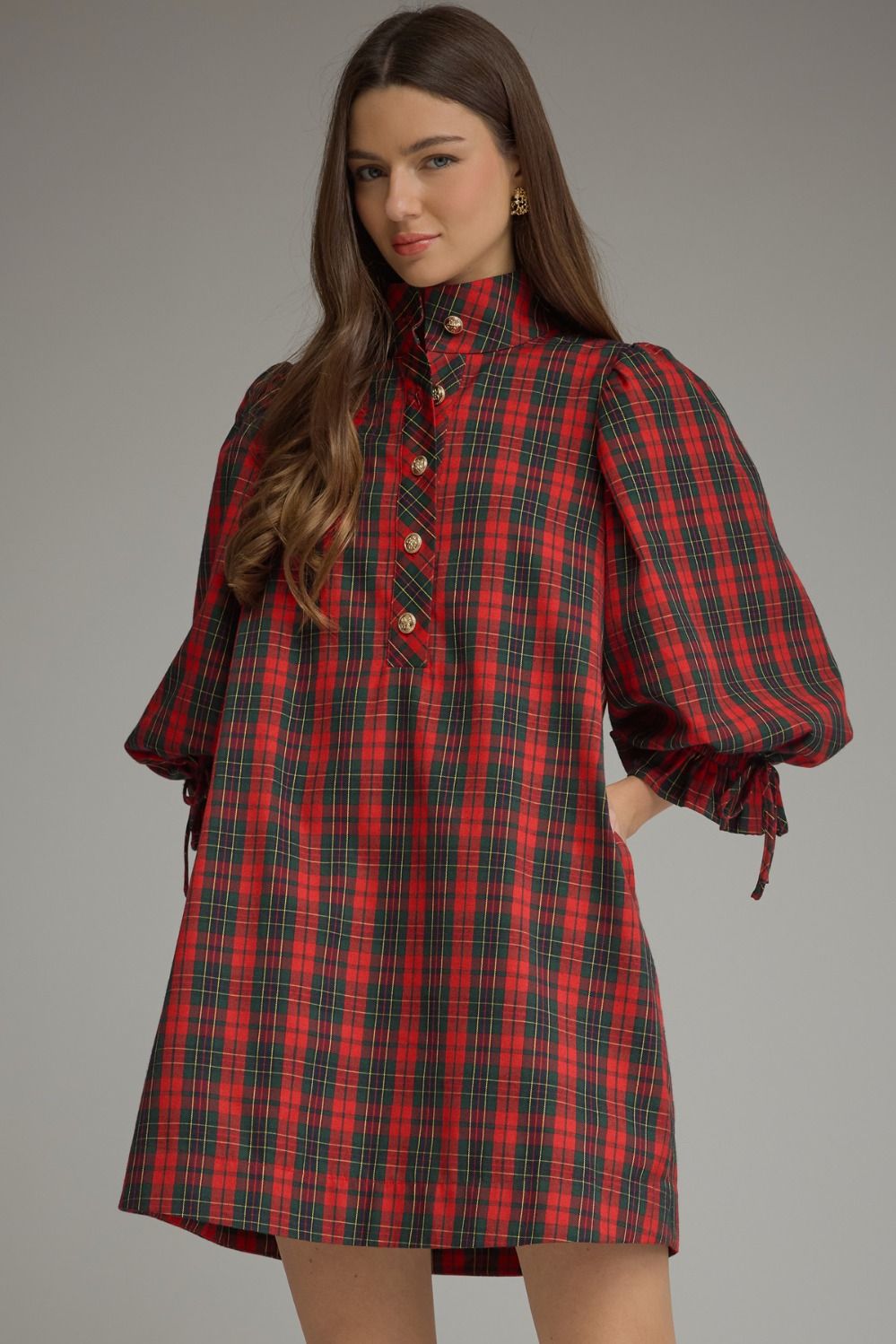 RED PLAID 3/4 BALLOON SLEEVE MINI DRESS WITH ADJUSTABLE TIE CUFFS