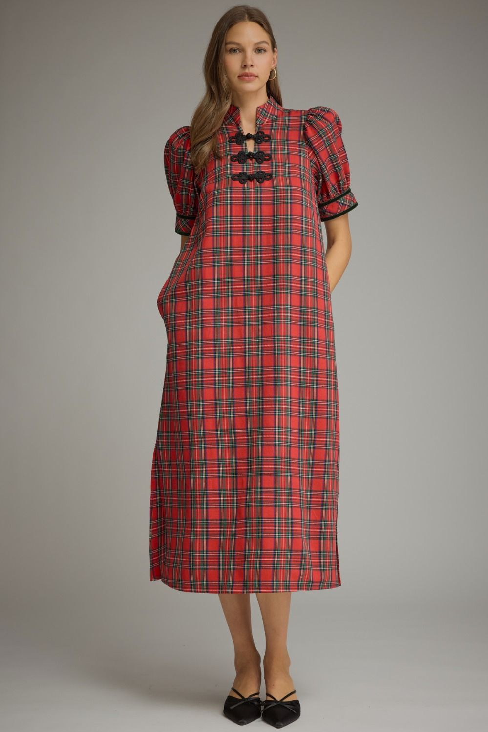 RED TARTAN PLAID MIDI DRESS WITH FROG BUTTON DETAIL