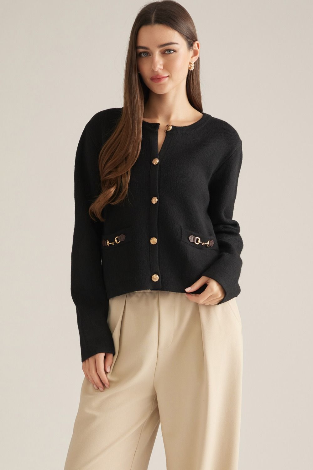 BLACK SWEATER WITH GOLD BUTTON DETAIL