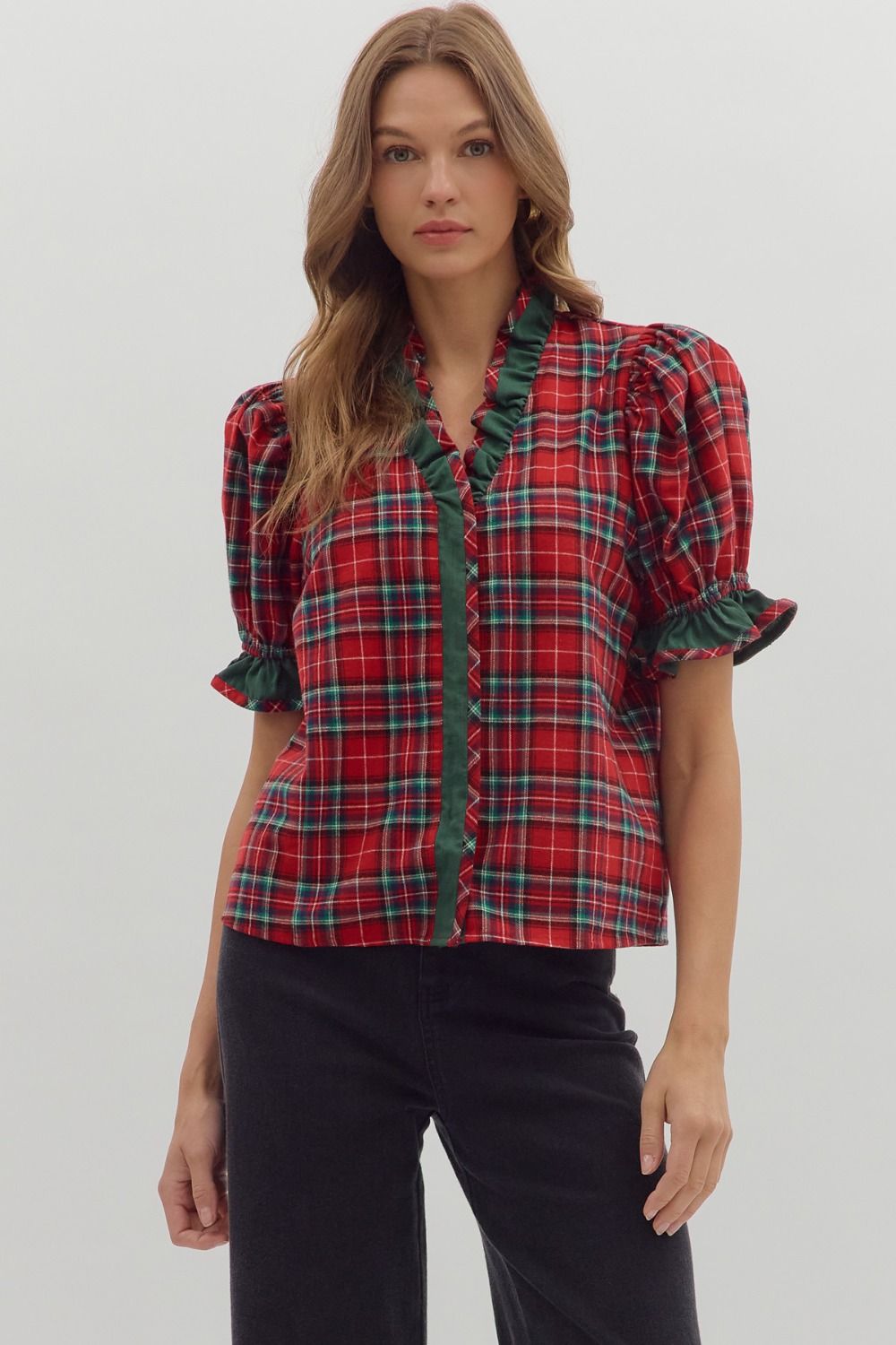 RED PLAID PUFF SLEEVE FLANNEL BLOUSE WITH RUFFLE TRIM