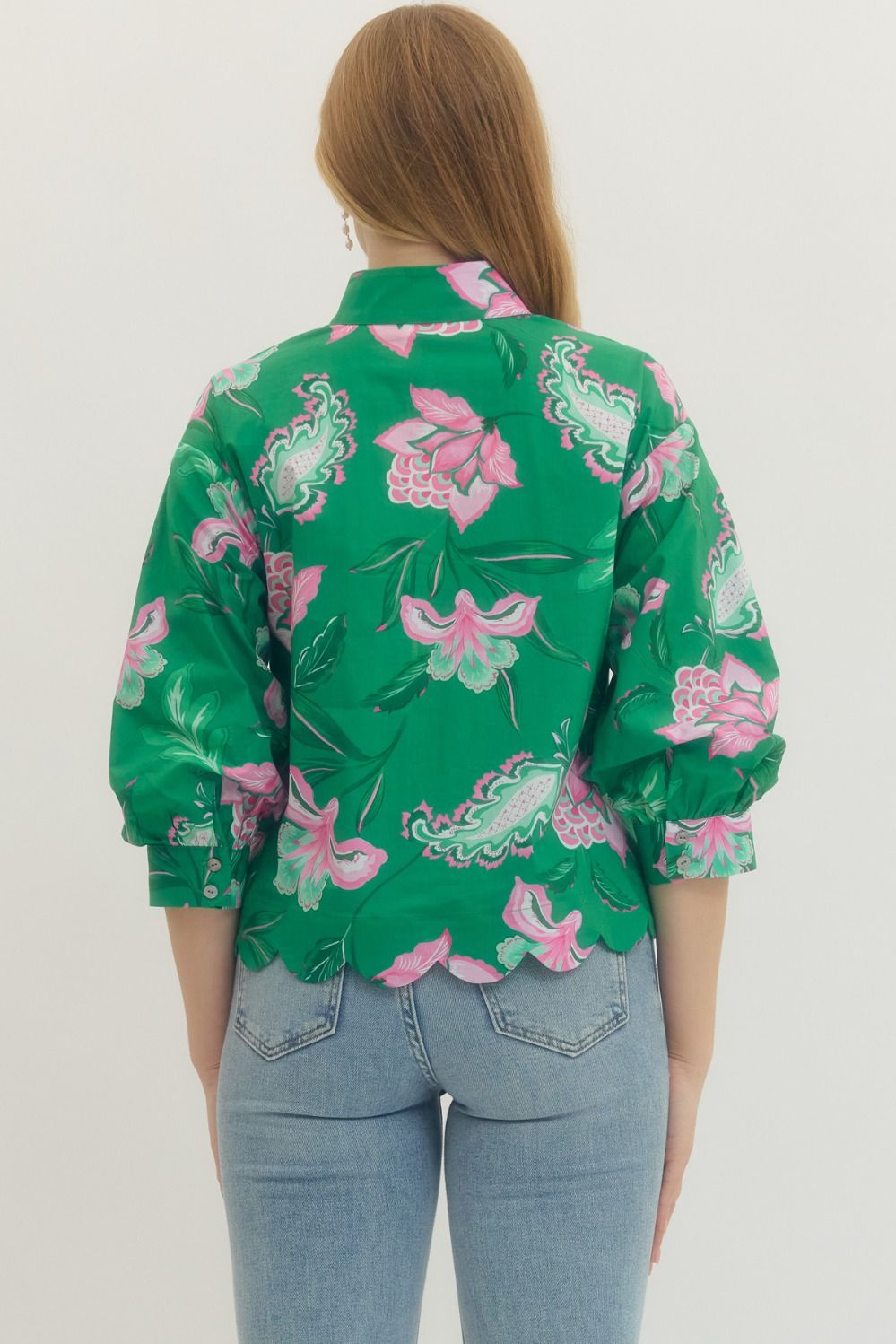 GREEN FLORAL PRINT SCALLOP TRIM LONG SLEEVE BLOUSE - Pharm Favorites by Economy Pharmacy
