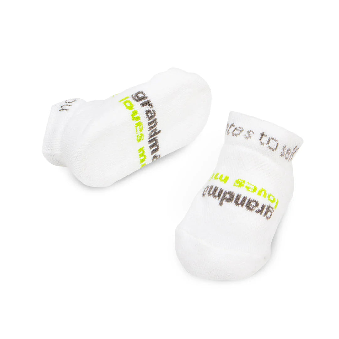 INFANT SOCKS - GRANDMA LOVES ME - LOVED - WHITE W/LIME GREEN (3-12MOS)