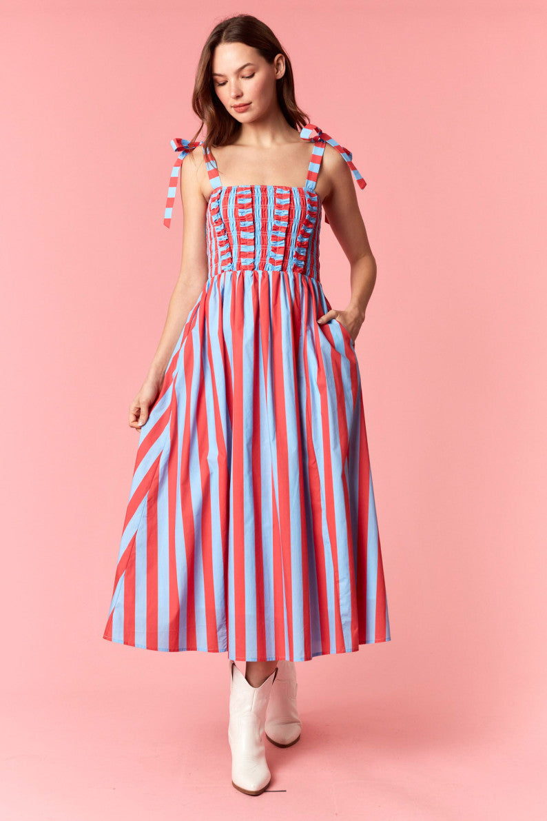 STRIPE RUFFLED DETAILED BOW TIE STRAP MIDI DRESS - CORAL/LT. BLUE