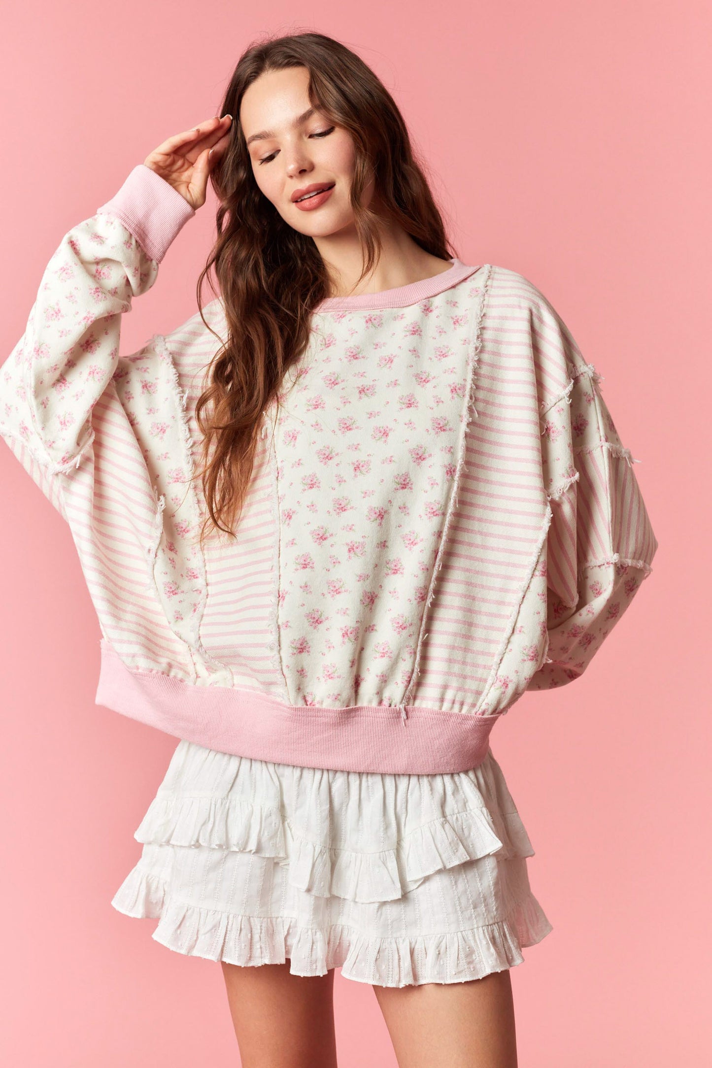 DITSY FLOWER PRINTED FRENCH TERRY & STRIPED TWILL SWEATSHIRT