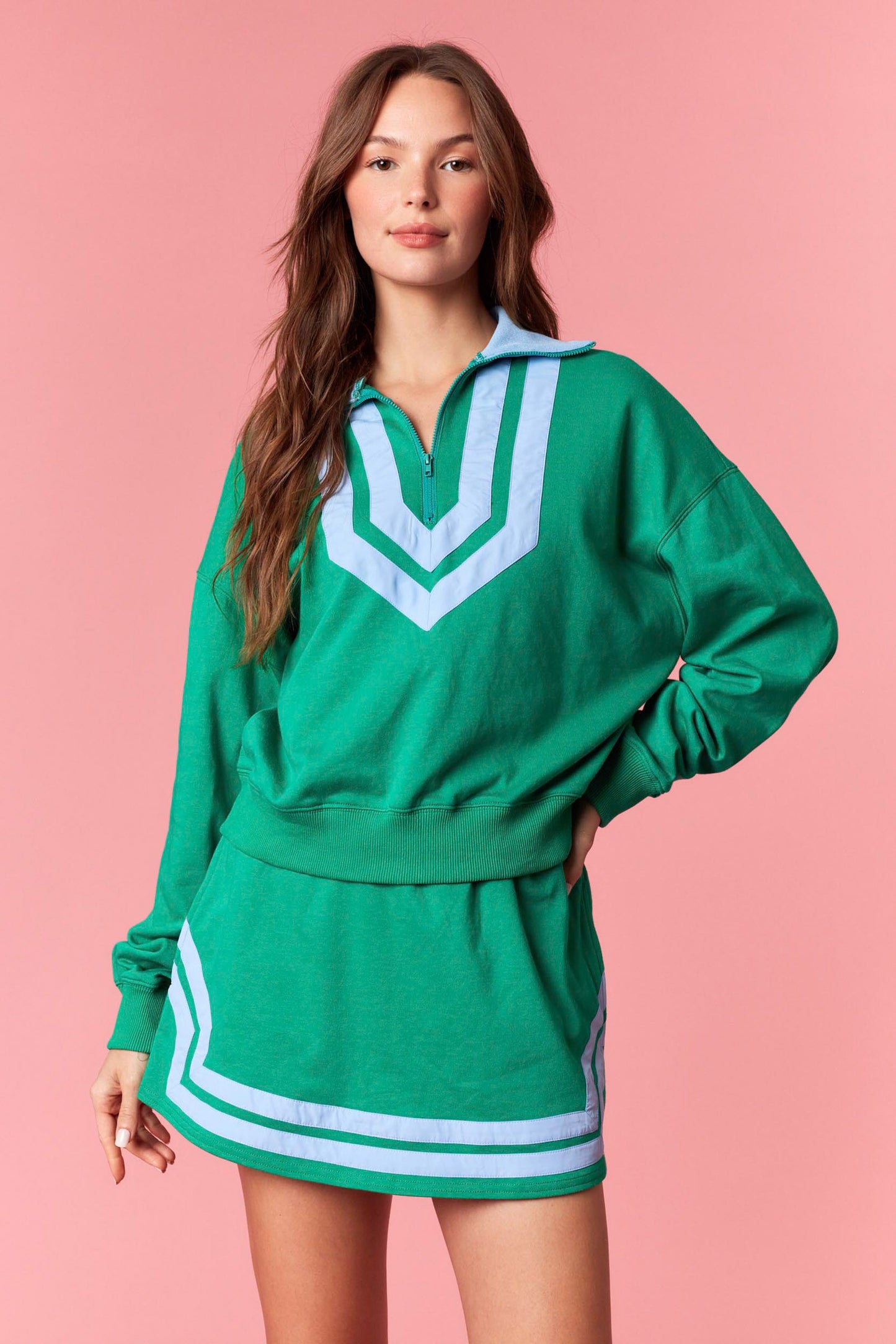 KELLY GREEN/BLUE FRENCH TERRY PULLOVER & SKORT SET