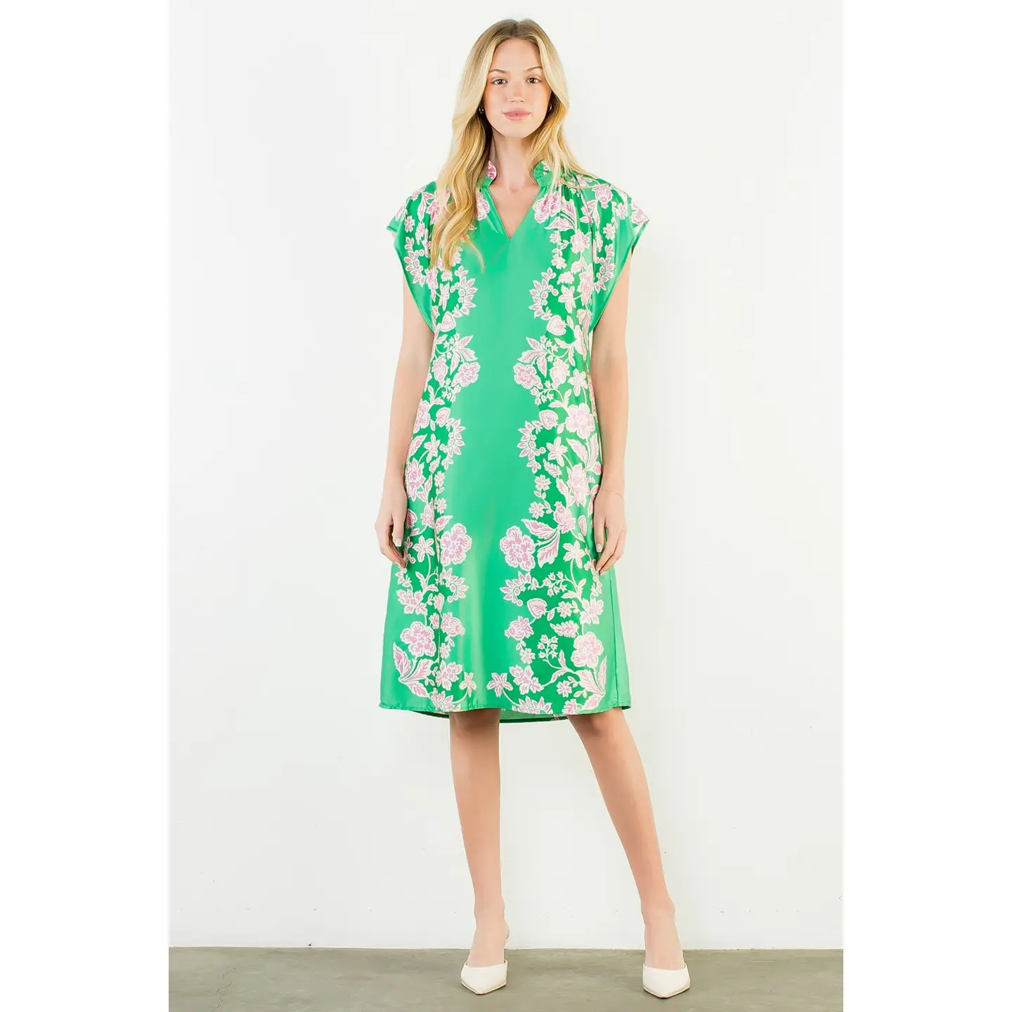 GREEN SATIN FLORAL PRINT DRESS