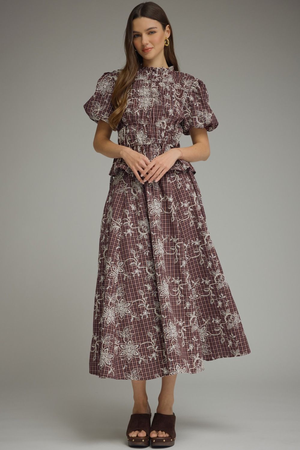 BURGUNDY FLORAL PRINT PUFF SLEEVE TOP & MIDI SKIRT 2PC SET