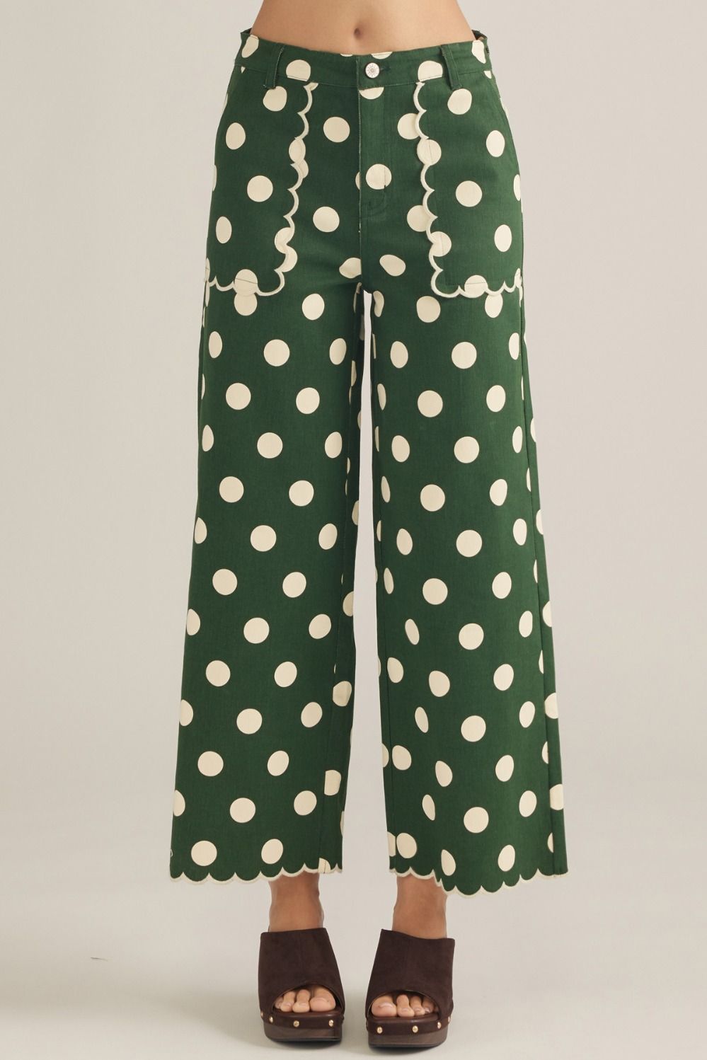 PINE POLKA DOT WIDE LEG PANTS WITH SCALLOP TRIM