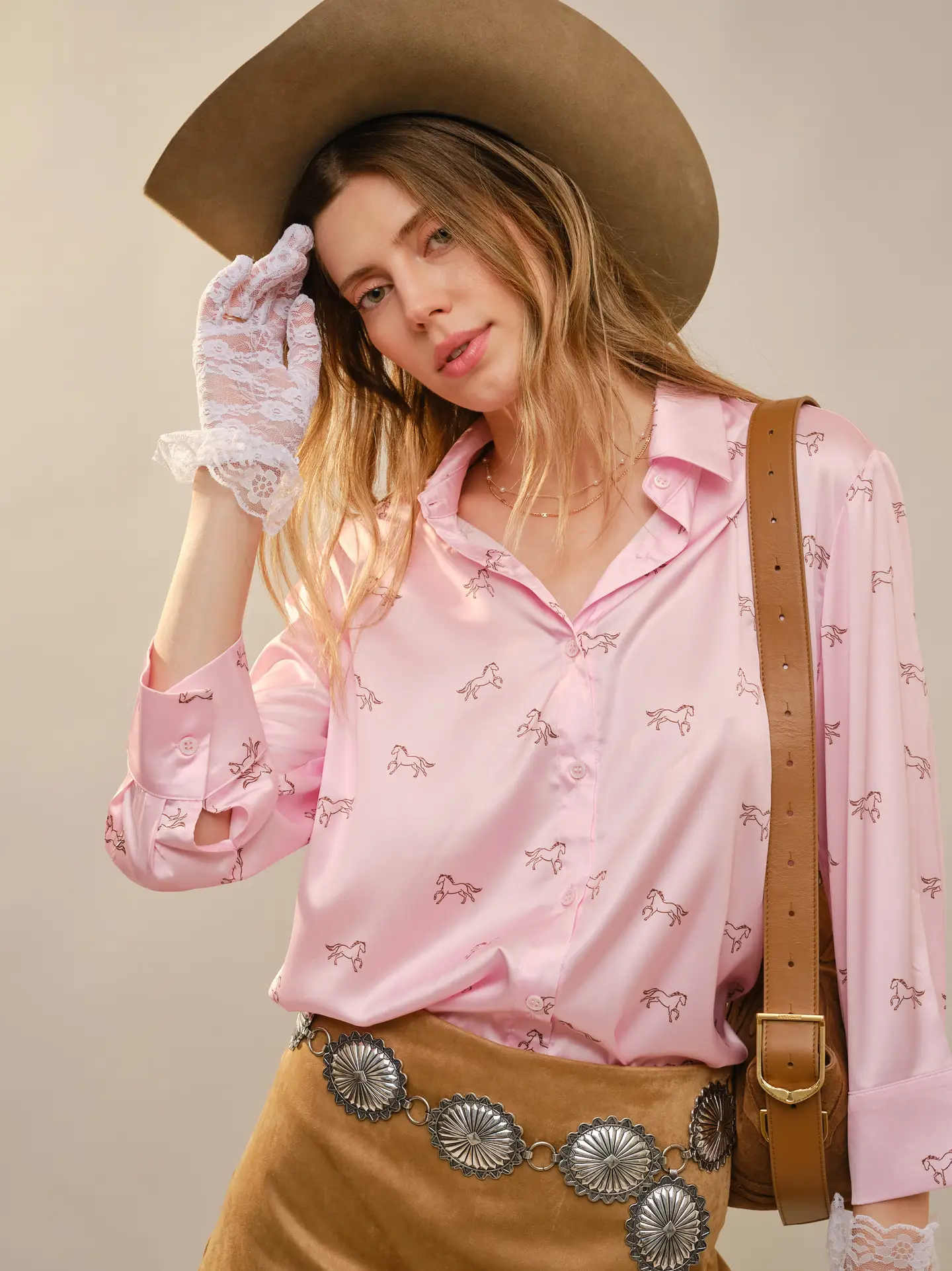 PINK SATIN HORSE MOTIFF 3/4 SLEEVE BUTTON BLOUSE