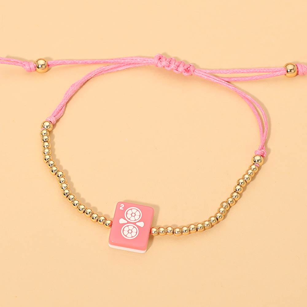 DECORATIVE MAHJONG CHARM BEADED ADJUSTABLE CINCH PULL TIE BRACELET