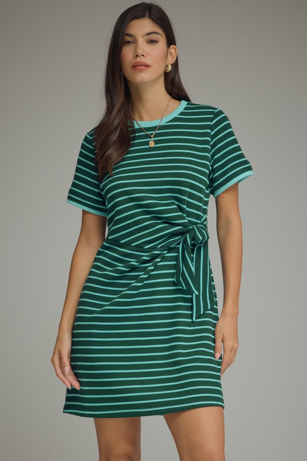 HUNTER GREEN STRIPED SHORT SLEEVE MINI DRESS WITH SELF TIE WAIST