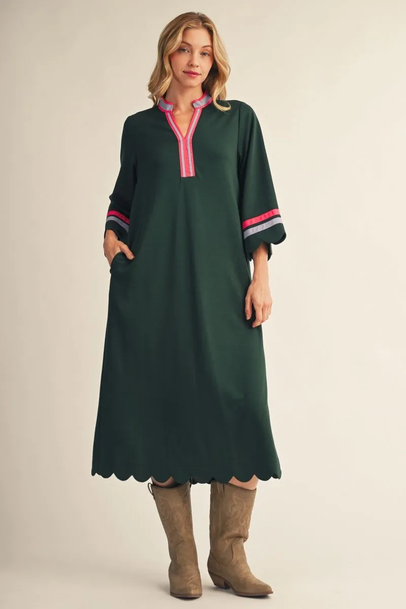 HUNTER GREEN 3/4 SLEEVE MIDI DRESS WITH SCALLOP EDGE DETAIL
