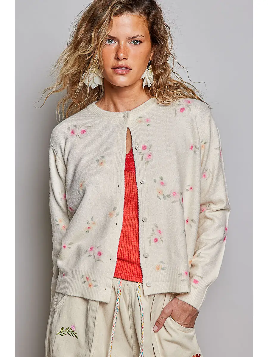 CREAM VINTAGE ALLOVER FLORAL PRINT BUTTON CARDIGAN SWEATER - ONE SIZE