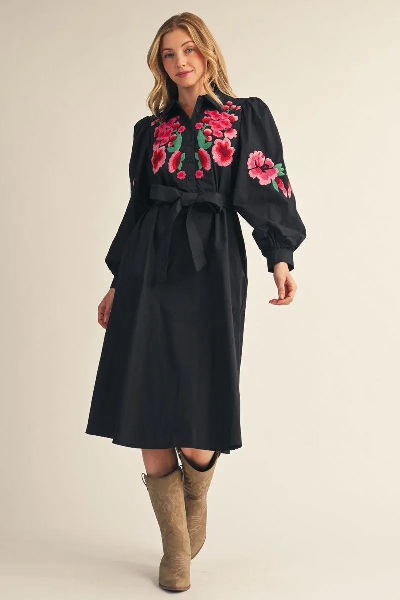 BLACK BUTTON UP FLORAL EMBROIDERED MIDI DRESS WITH TIE WAIST