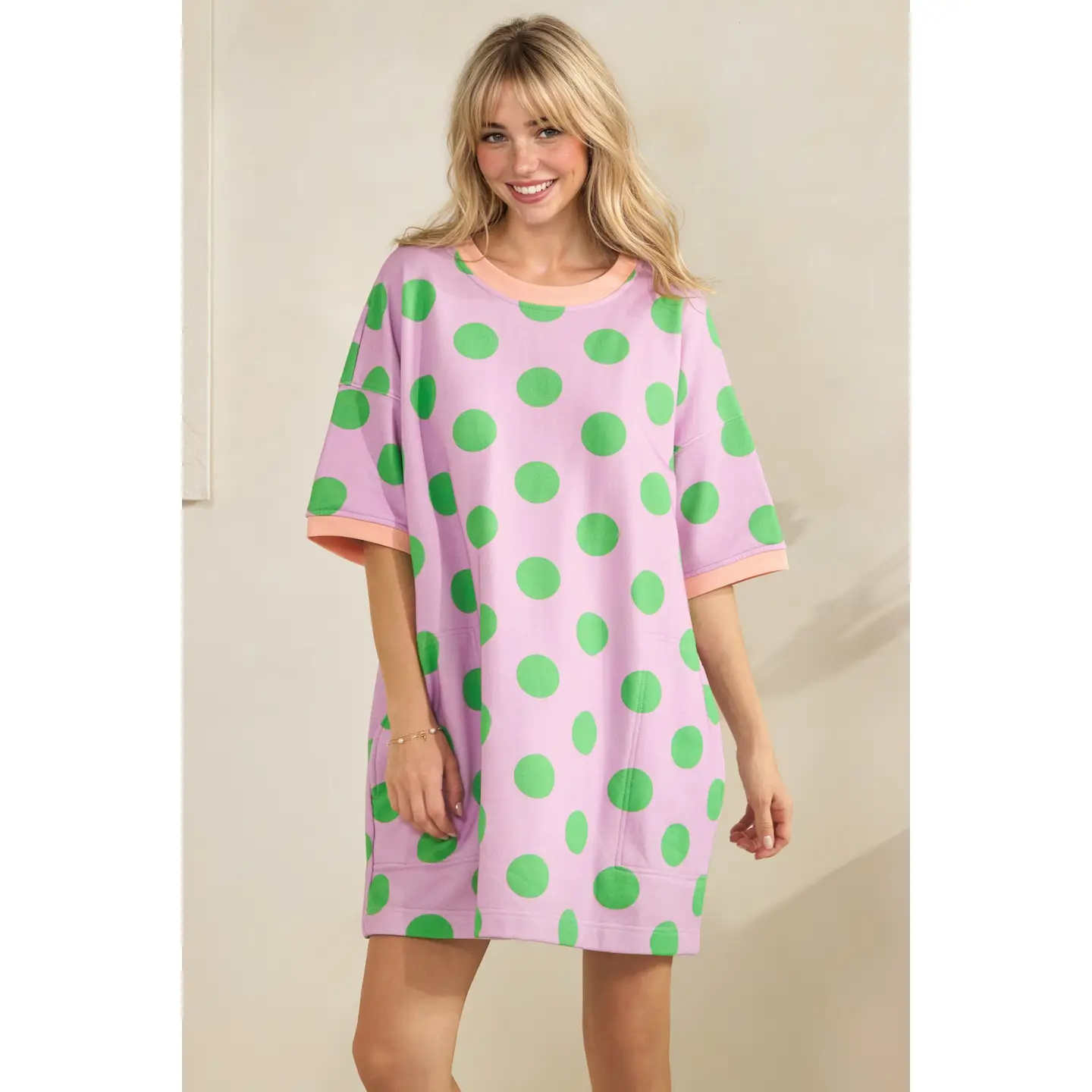 PLAYFUL POLKA DOT LAVENDER & GREEN RELAXED MINI DRESS