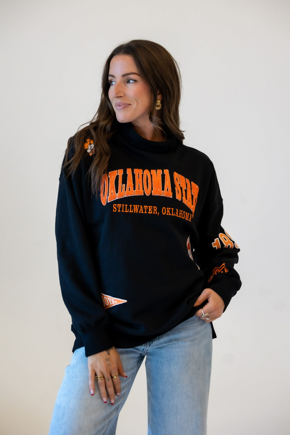 OKLAHOMA STATE ALL OVER SCATTER FUNNEL NECK PULLOVER
