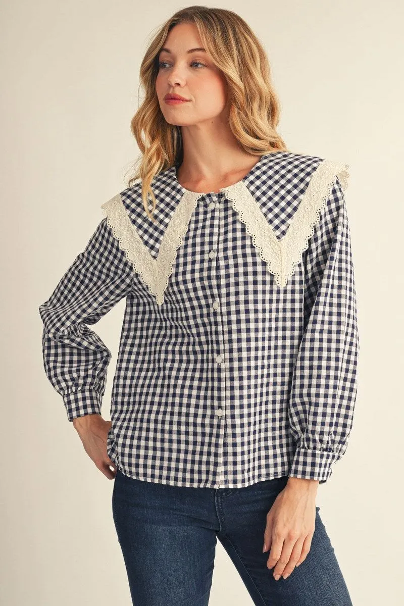 LONG SLEEVE GINGHAM CHECKED TOP WITH LACE DETAIL SAILOR COLLAR
